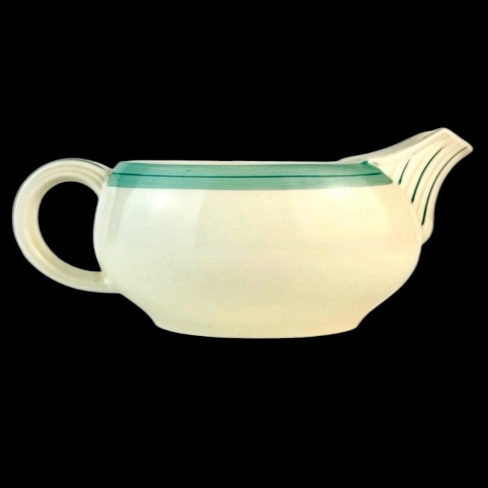 Vintage MCM Art Deco Wood’s Ivory Ware Cream & Green striped Gravy Boat